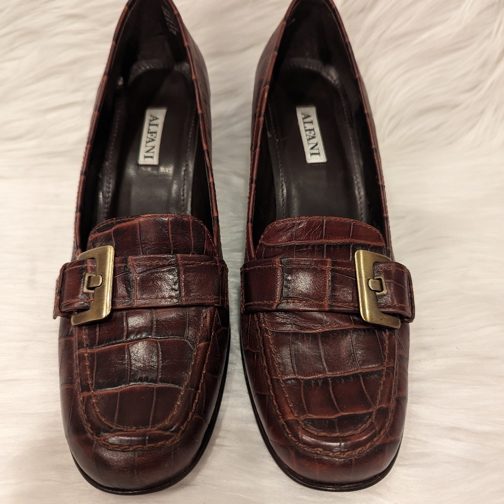 Vintage Alfani Cecile Brown Pebbled Leather w/Buckle Oxford Style Pumps -size 7M